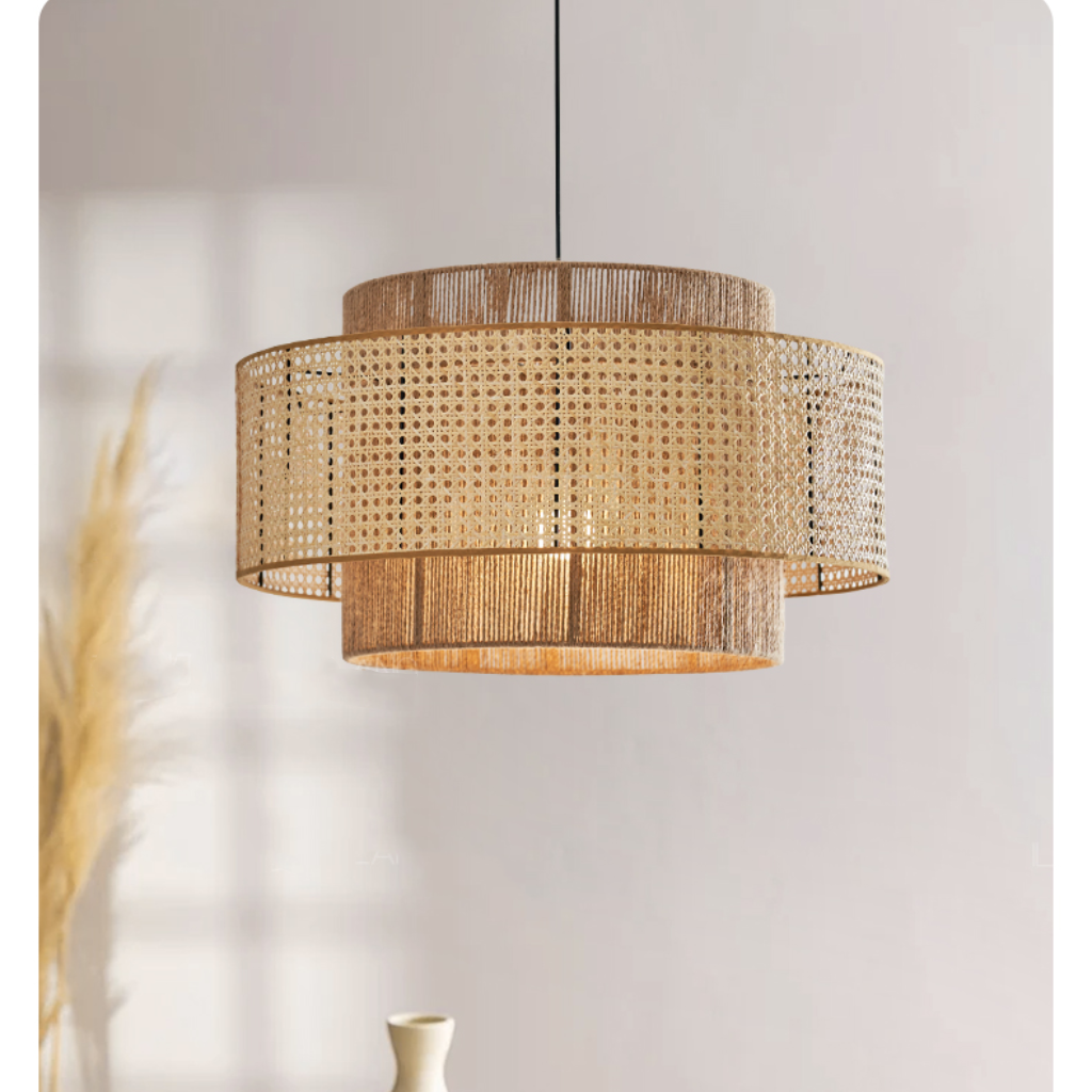Triela Black and Rattan Drum Pendant Light