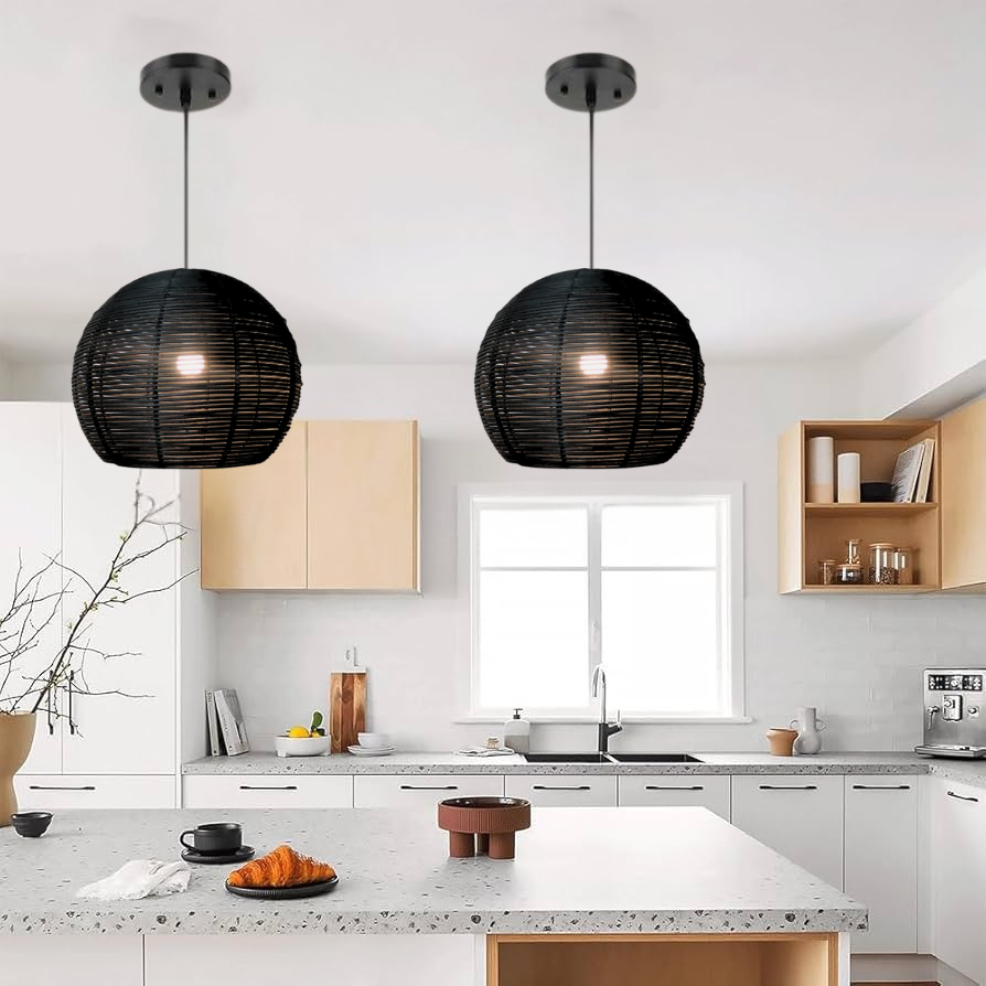 Manor Brook Verona Small Black Rattan Pendant Light