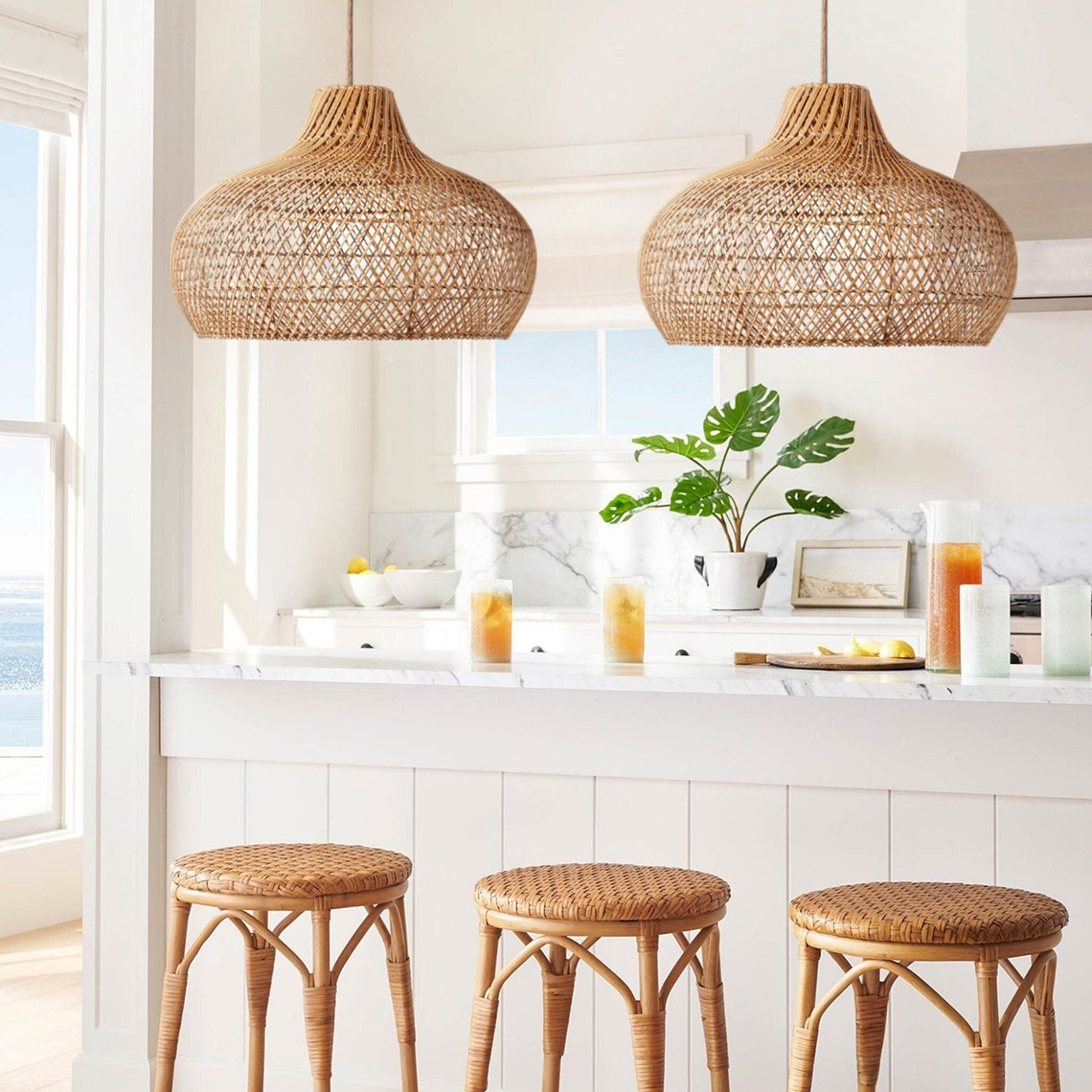 Anjani Dome Black Rattan Pendant Light