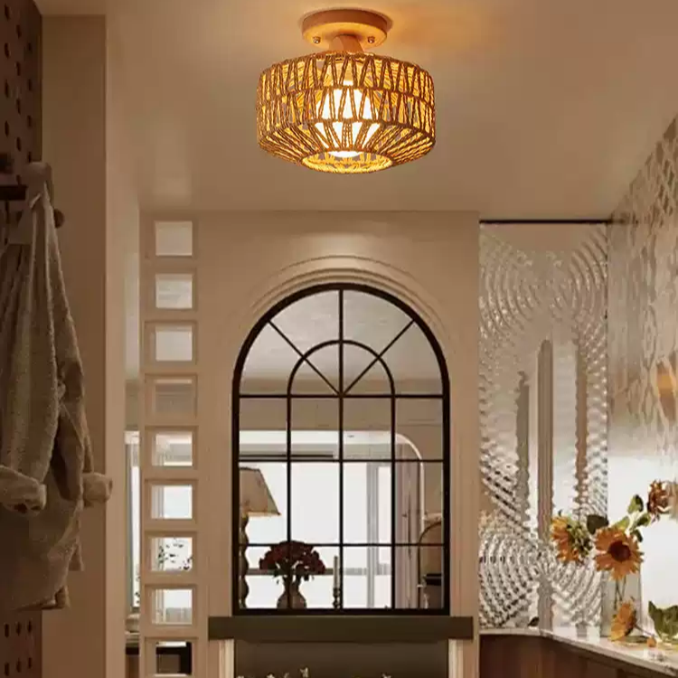 Kenmi Boho Rattan Drum Ceiling Light - Semi Flush Mount