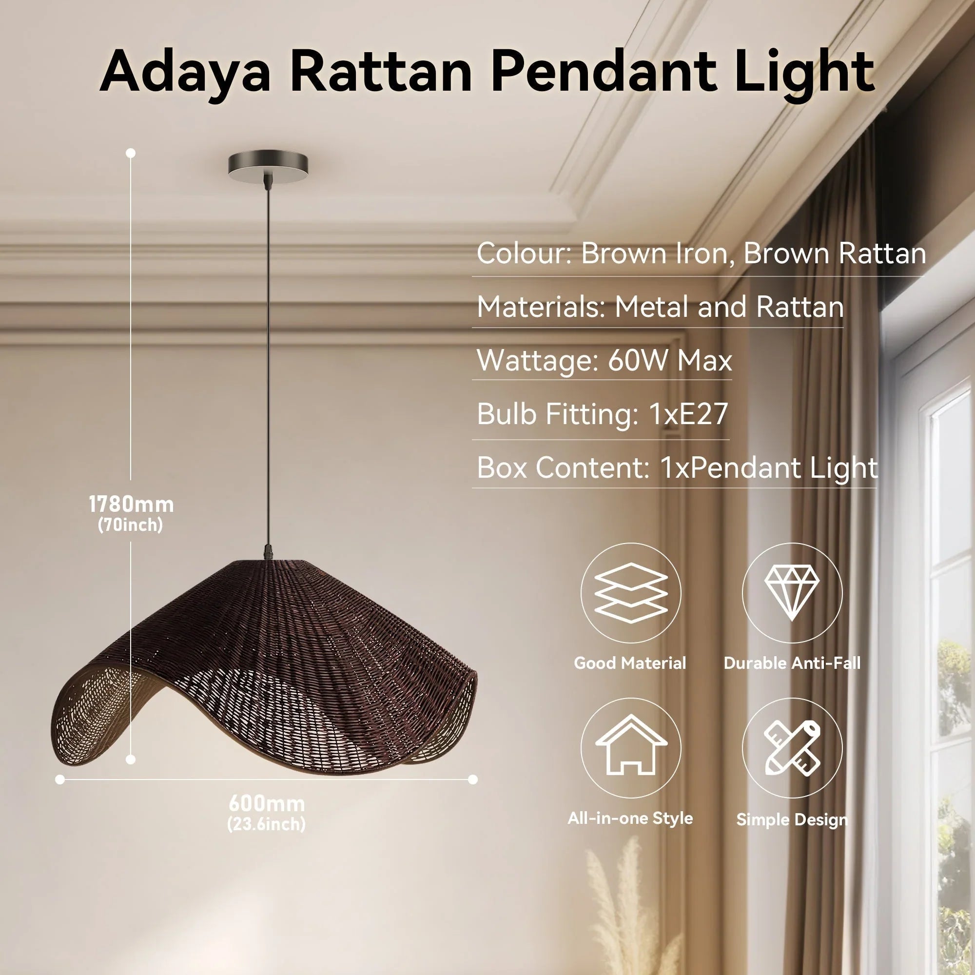 Adaya Black Wicker Rattan Pendant Light