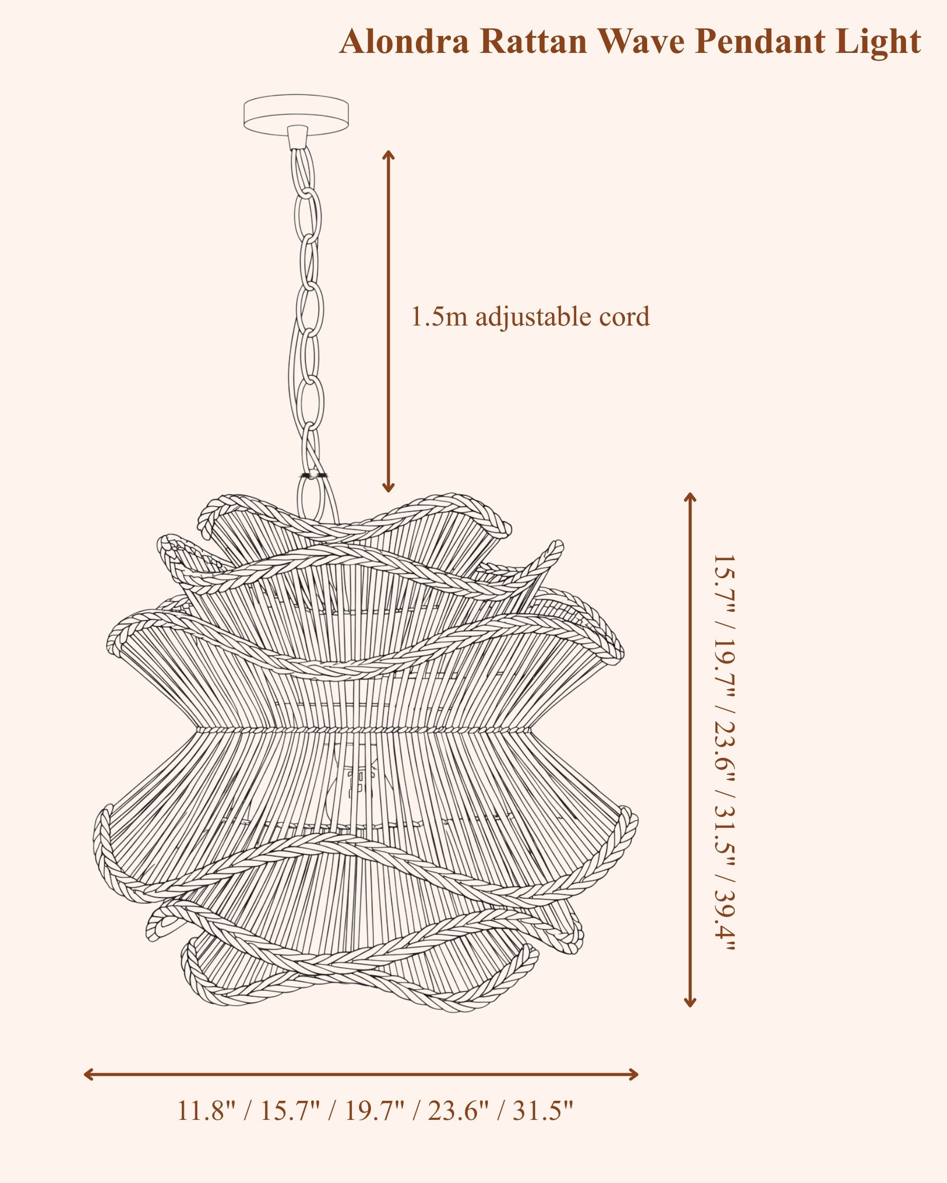 Alondra Rattan Wave Pendant Light – 5 Bulbs – Wavy Shade
