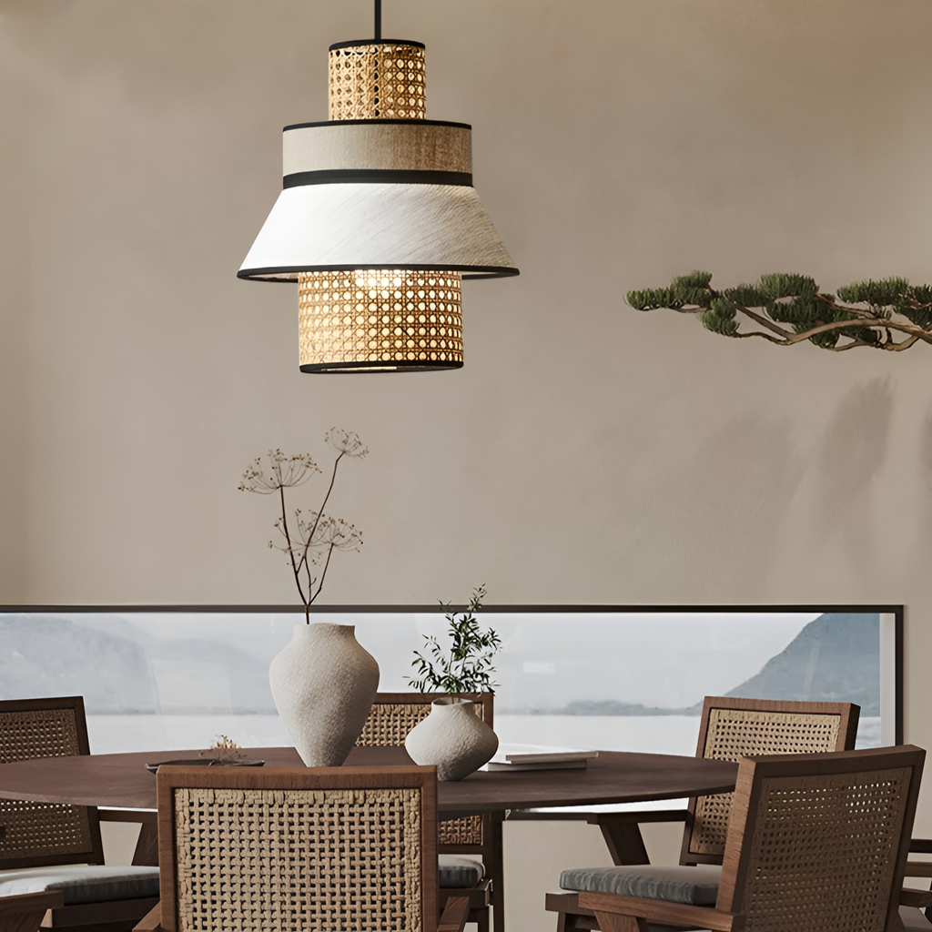 Singapour Cylinder Tiered Rattan Pendant Light