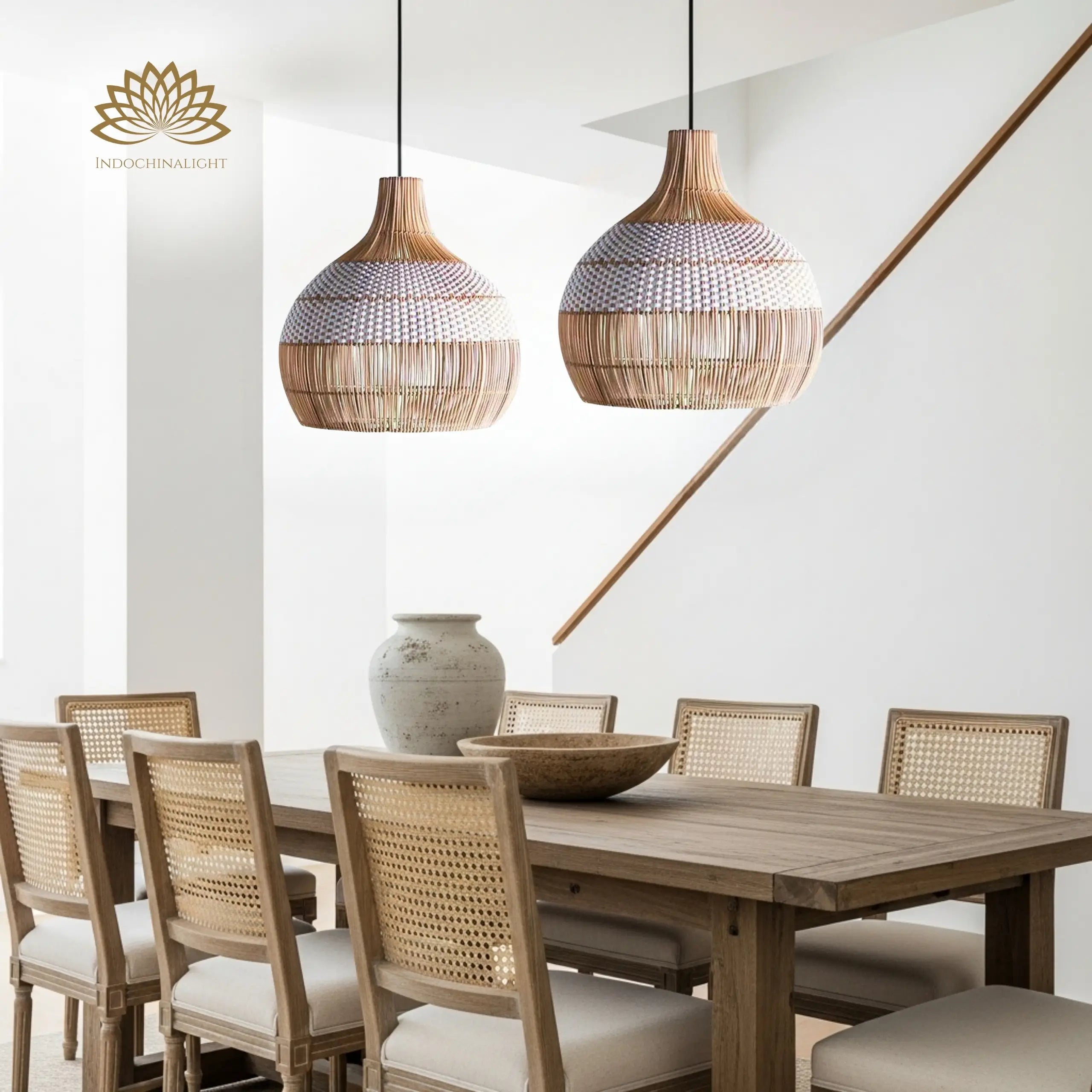 Beatrice Boho White Dome Basket Rattan Pendant Light