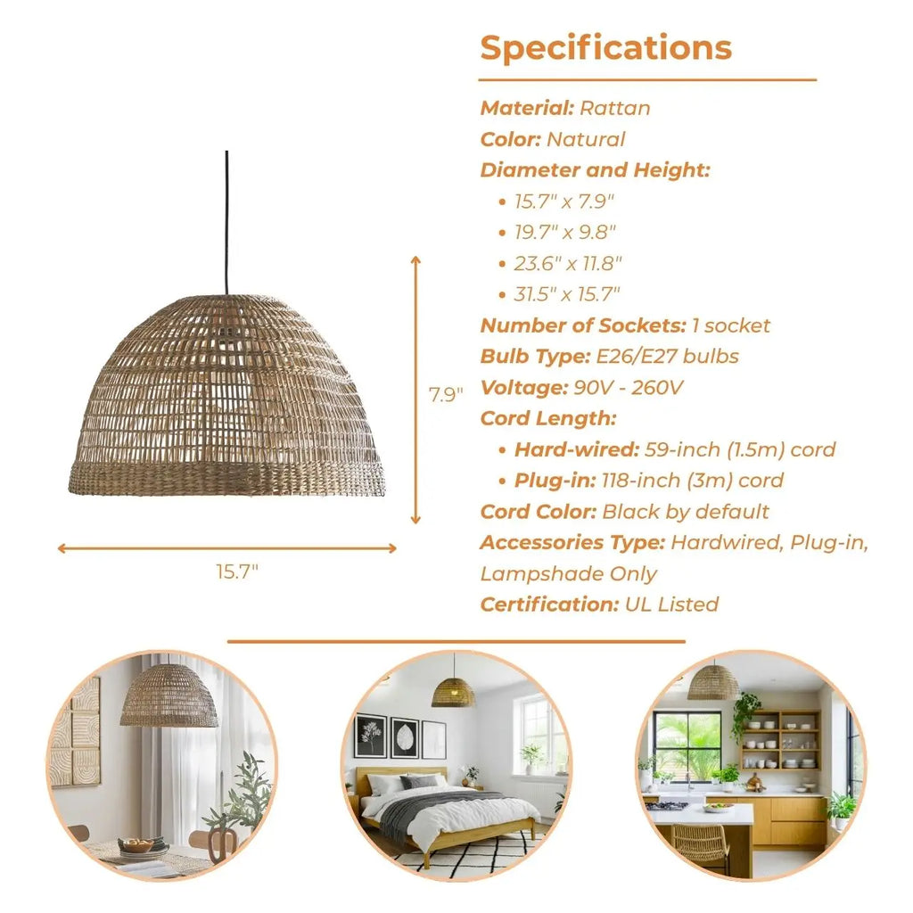 Bonin Large Dome Woven Rattan Pendant Light