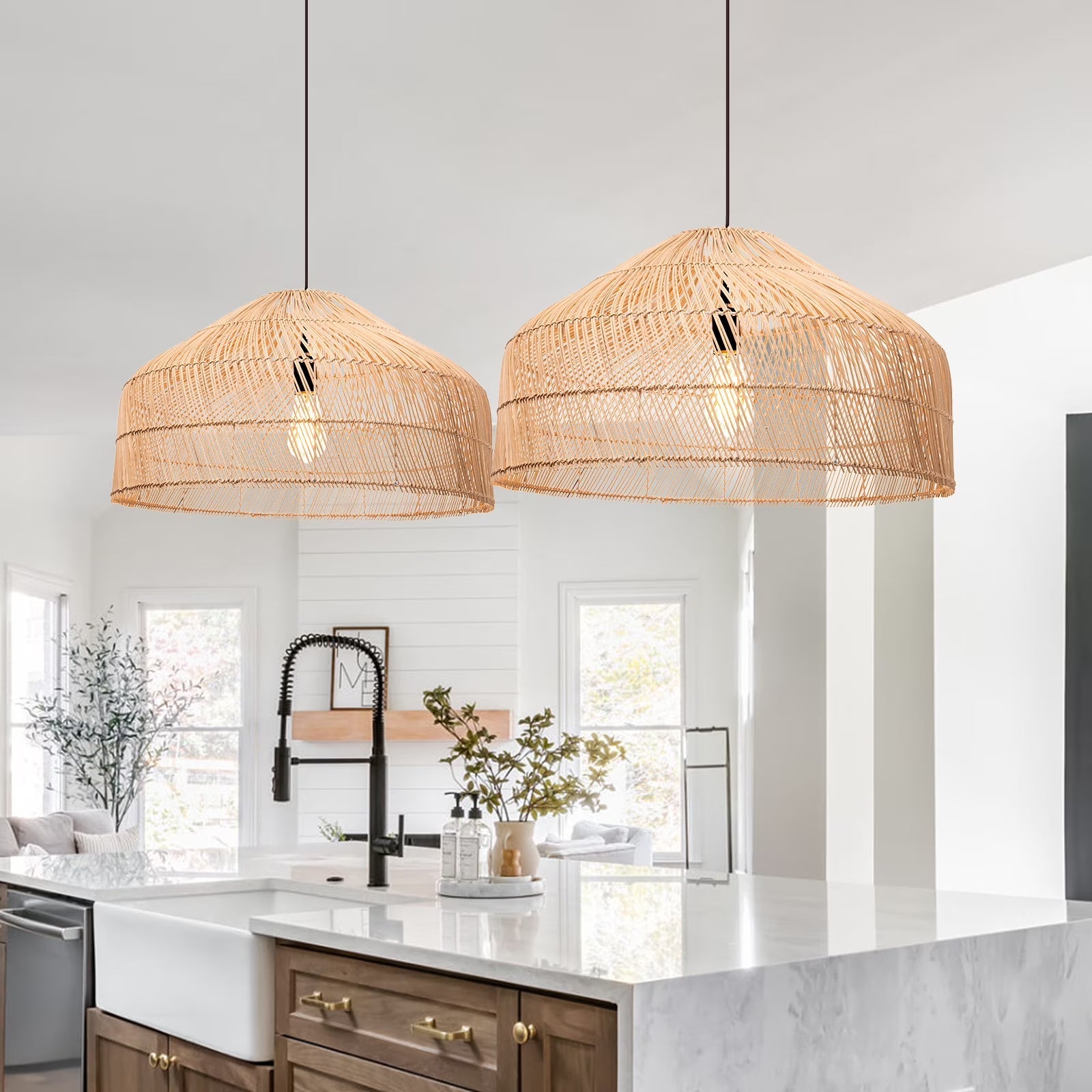 Cocoa Dome Rattan Pendant Light Over Farmhouse Kitchen Island