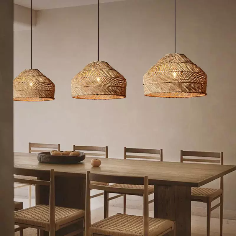 Cocoa Dome Rattan Pendant Light Over Farmhouse Kitchen Island