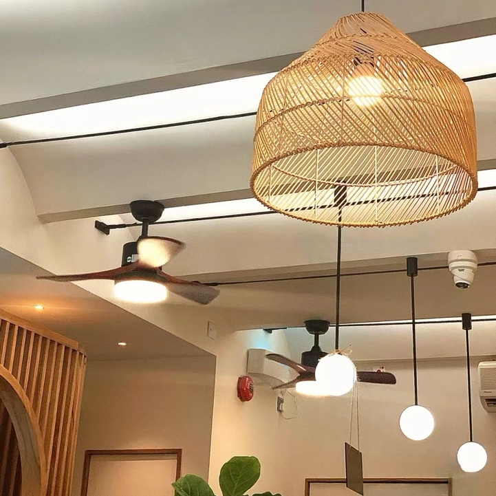 Cocoa Dome Rattan Pendant Light Over Farmhouse Kitchen Island
