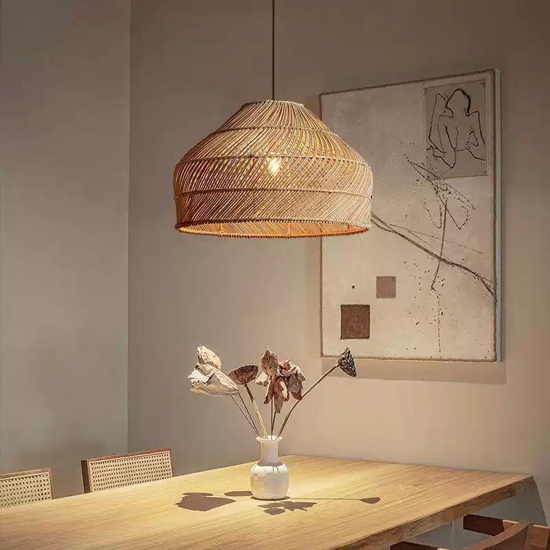 Cocoa Dome Rattan Pendant Light Over Farmhouse Kitchen Island