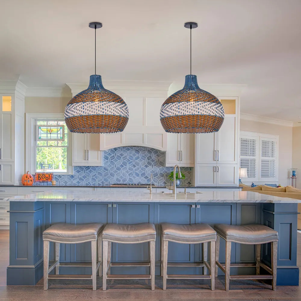 Courtland Blue Rattan Pendant Light