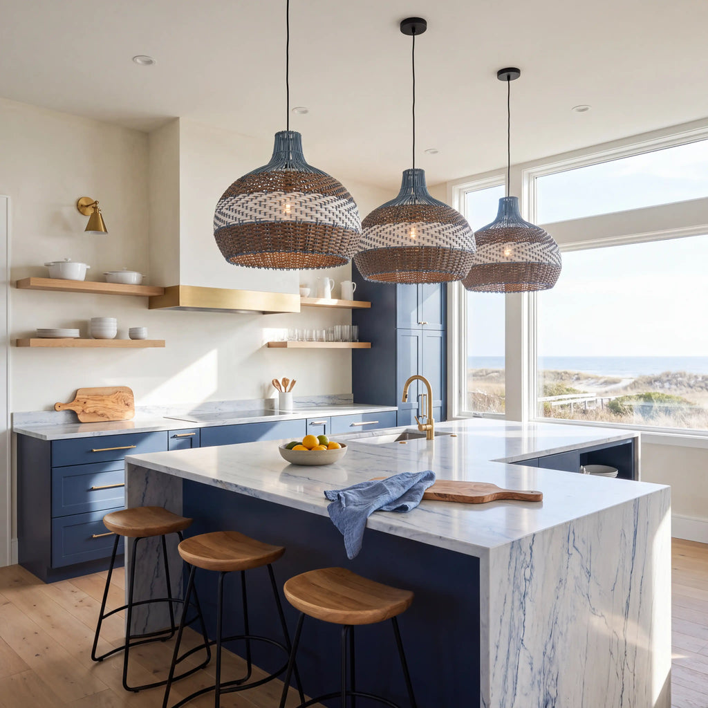Courtland Blue Rattan Pendant Light