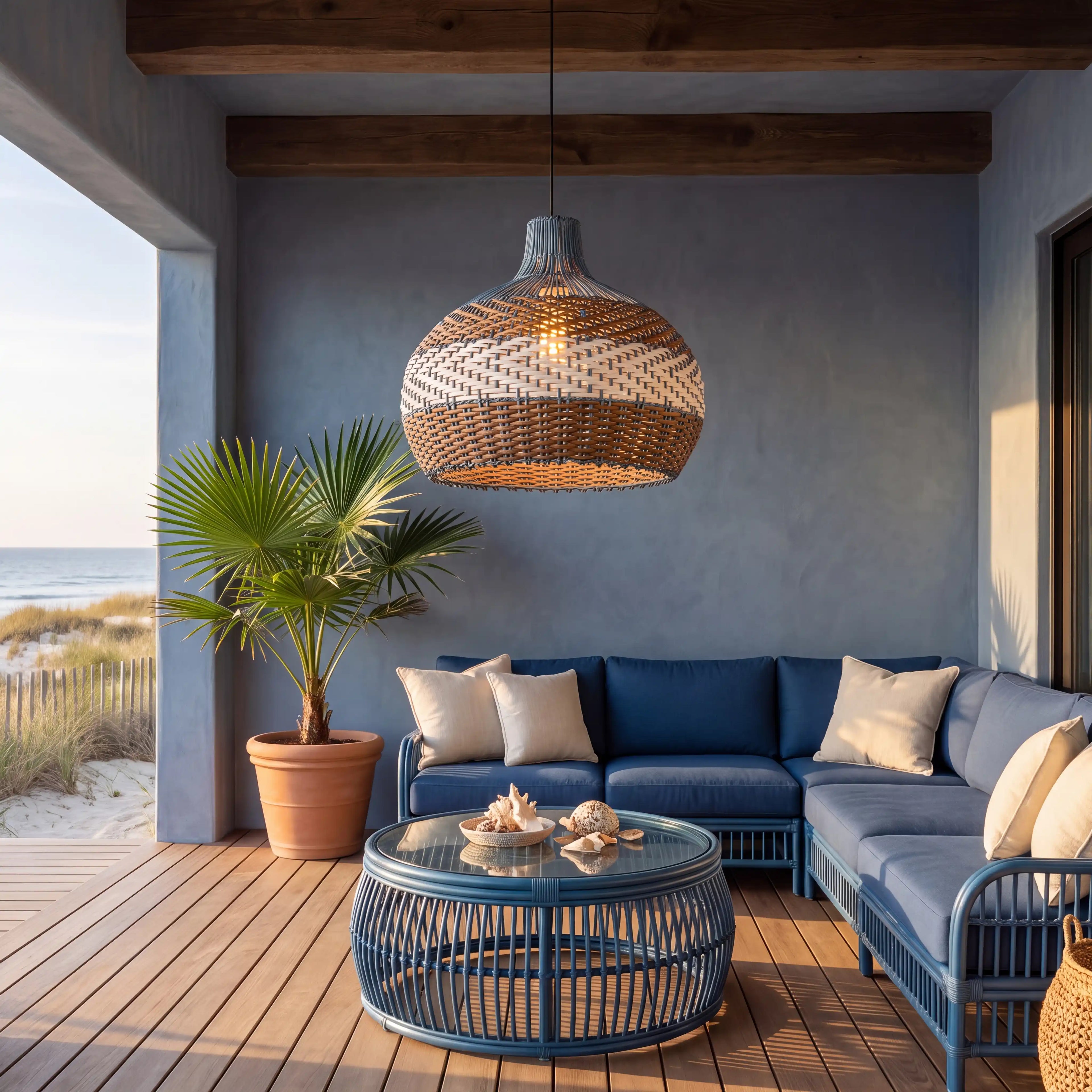 Courtland Blue Rattan Pendant Light