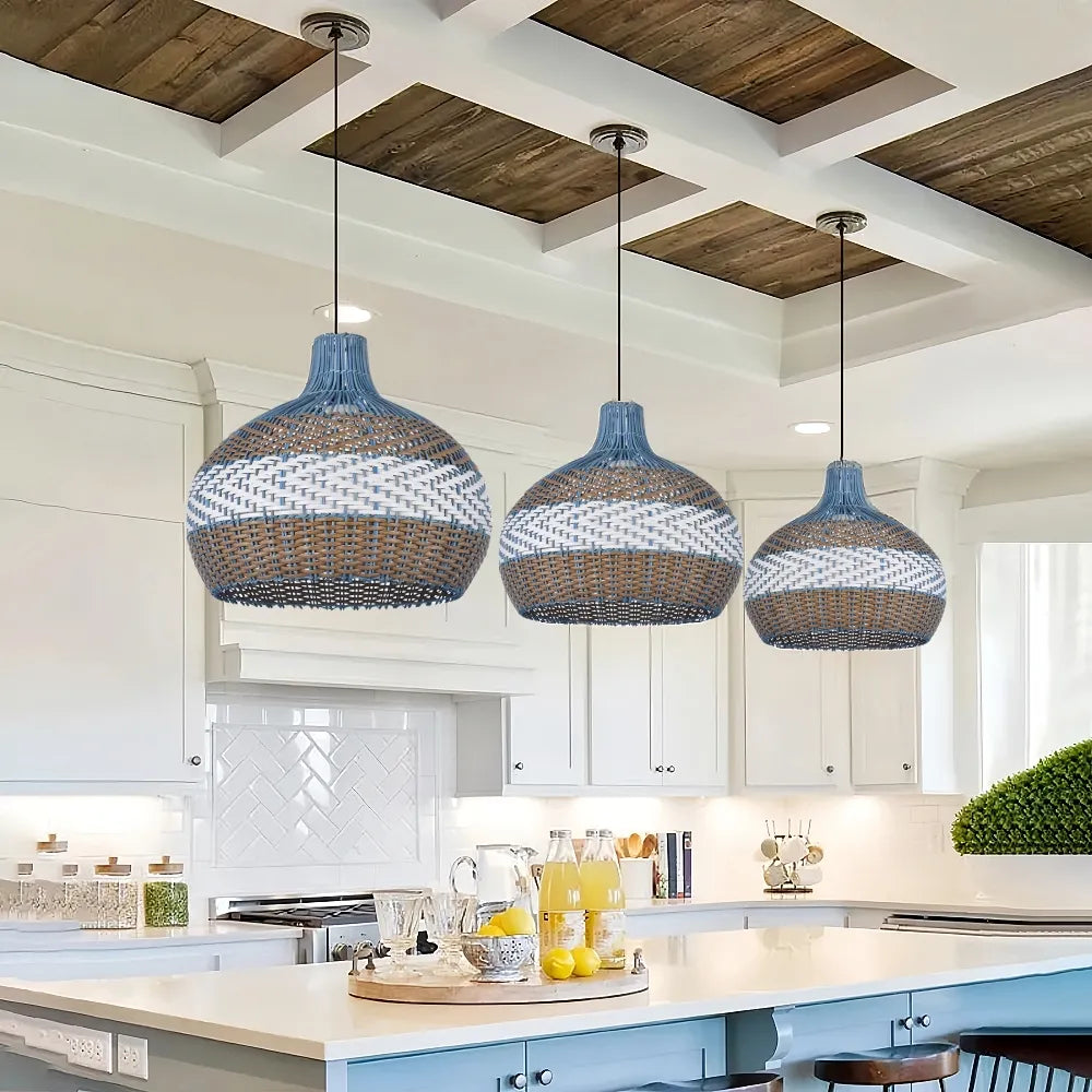 Courtland Blue Rattan Pendant Light