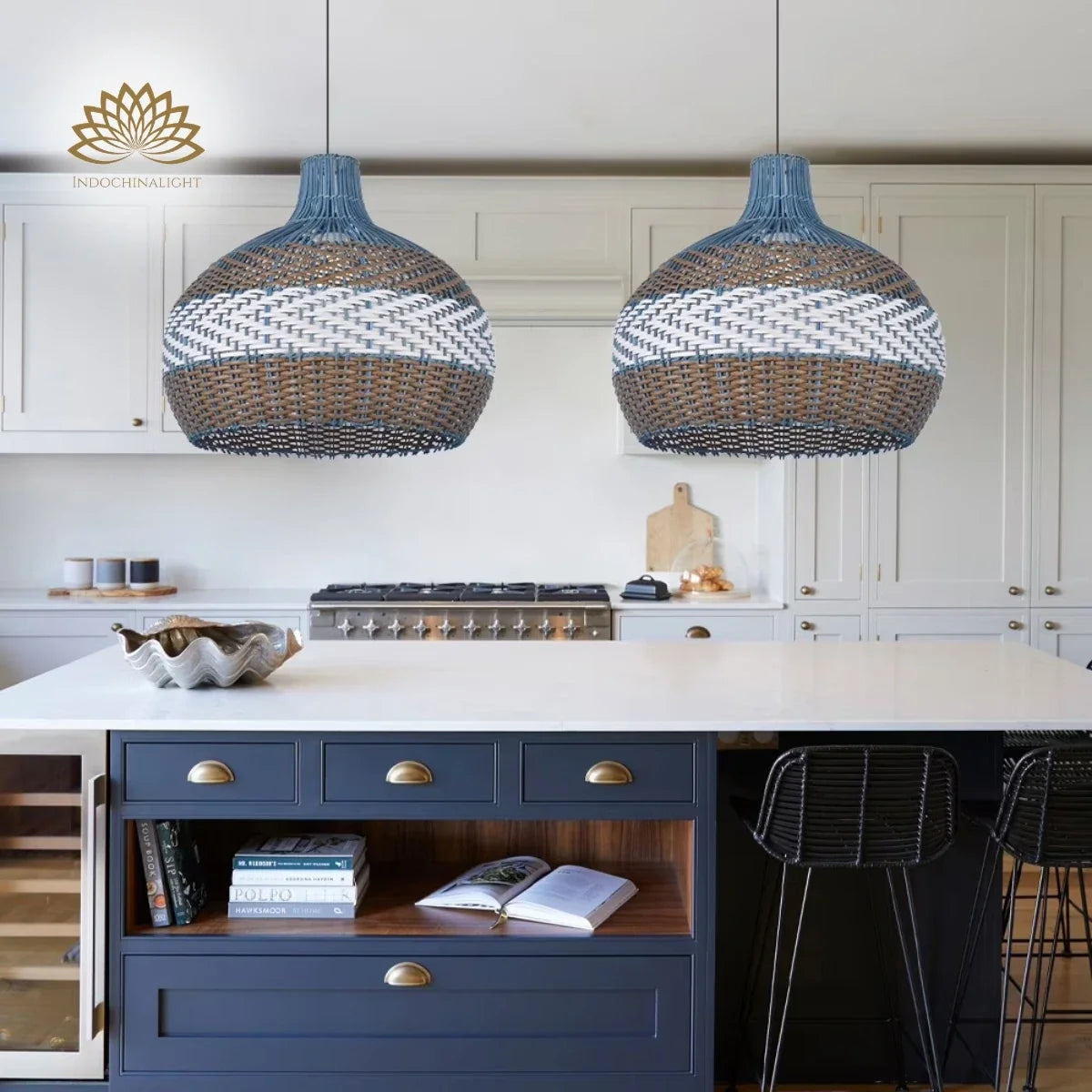 Courtland Blue Rattan Pendant Light