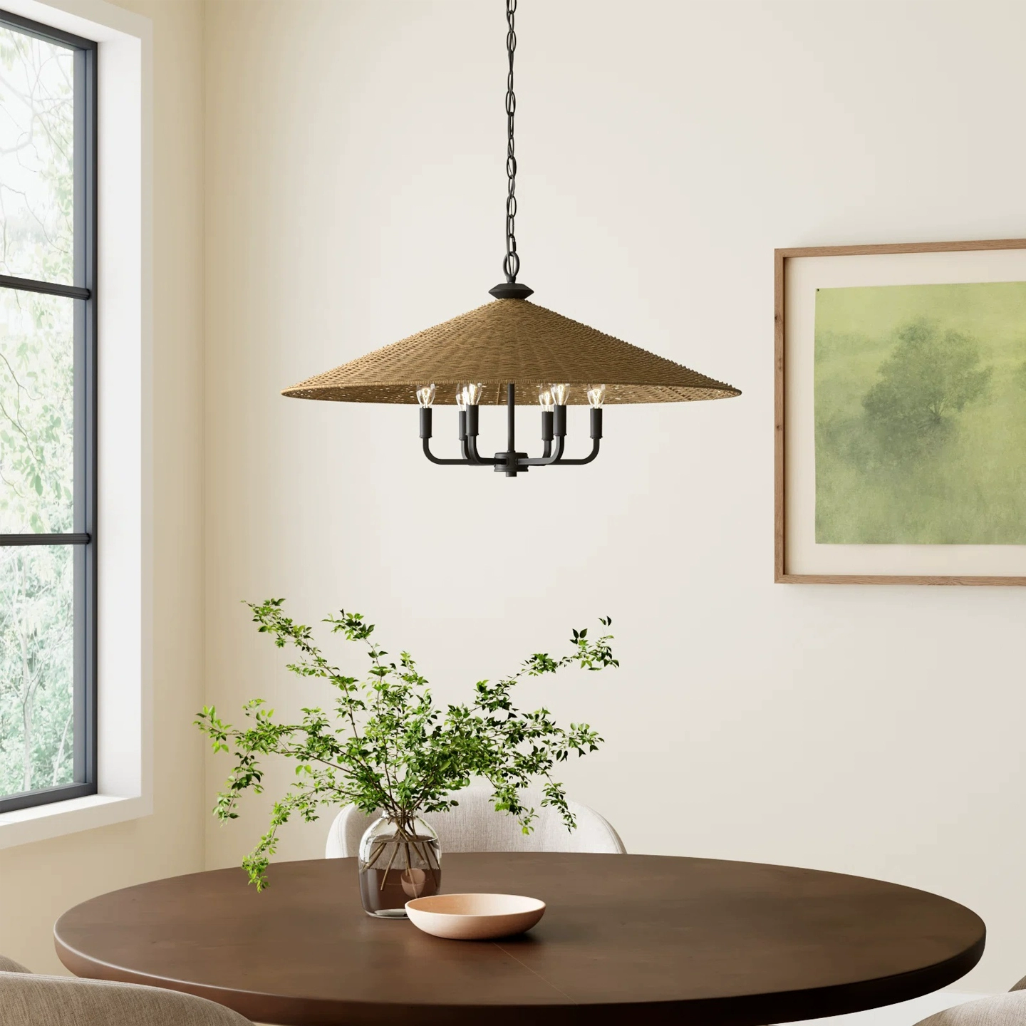 Eman Dark Wicker Pendant Light Shade - Black Socket 6 Bulbs