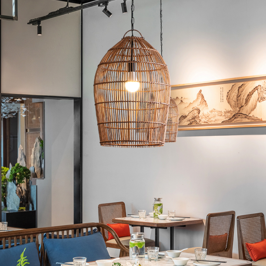 Fish-trap Boho Rustic Rattan Pendant Light For Kitchen Island