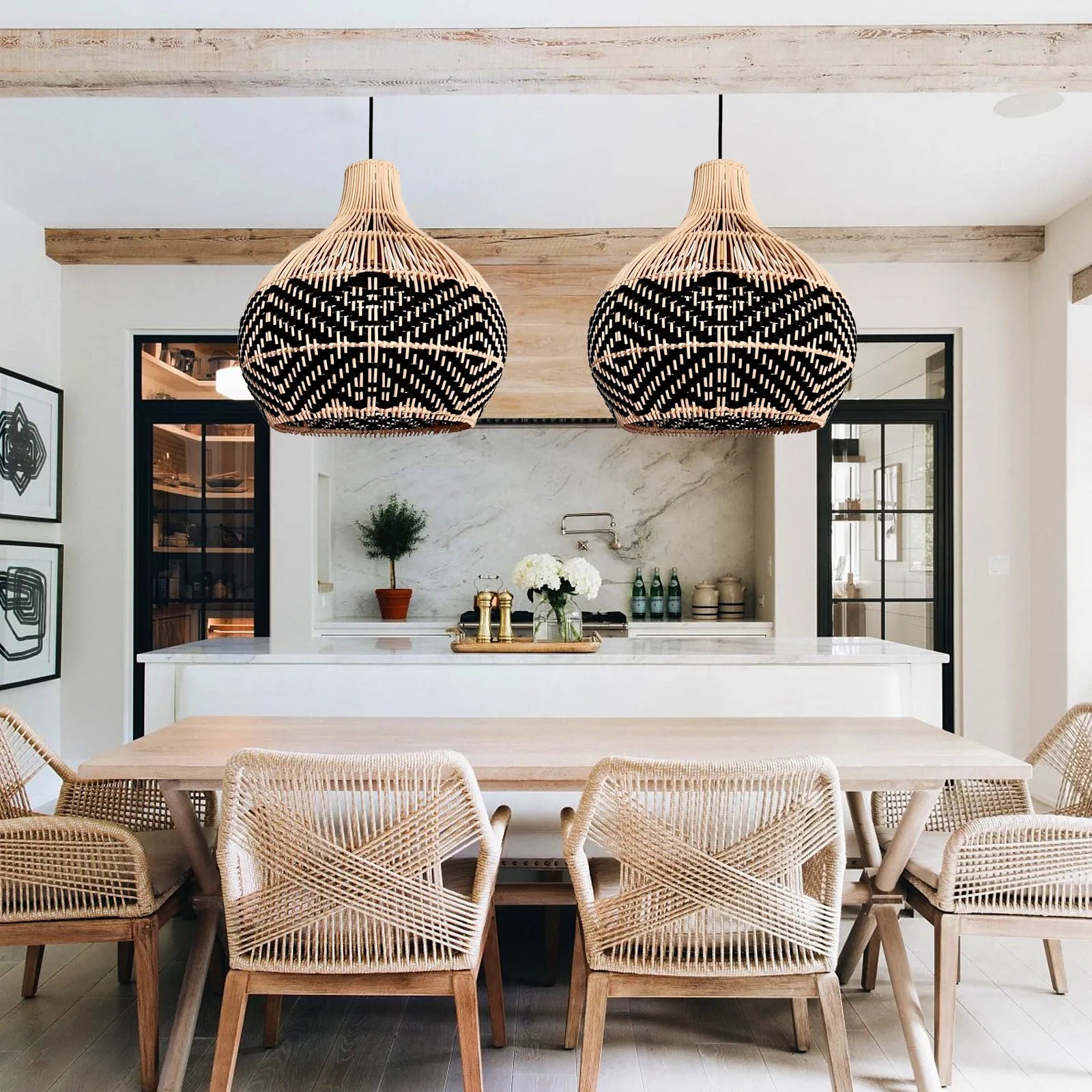 Florida Black Rattan Wicker Pendant Light For Kitchen Island