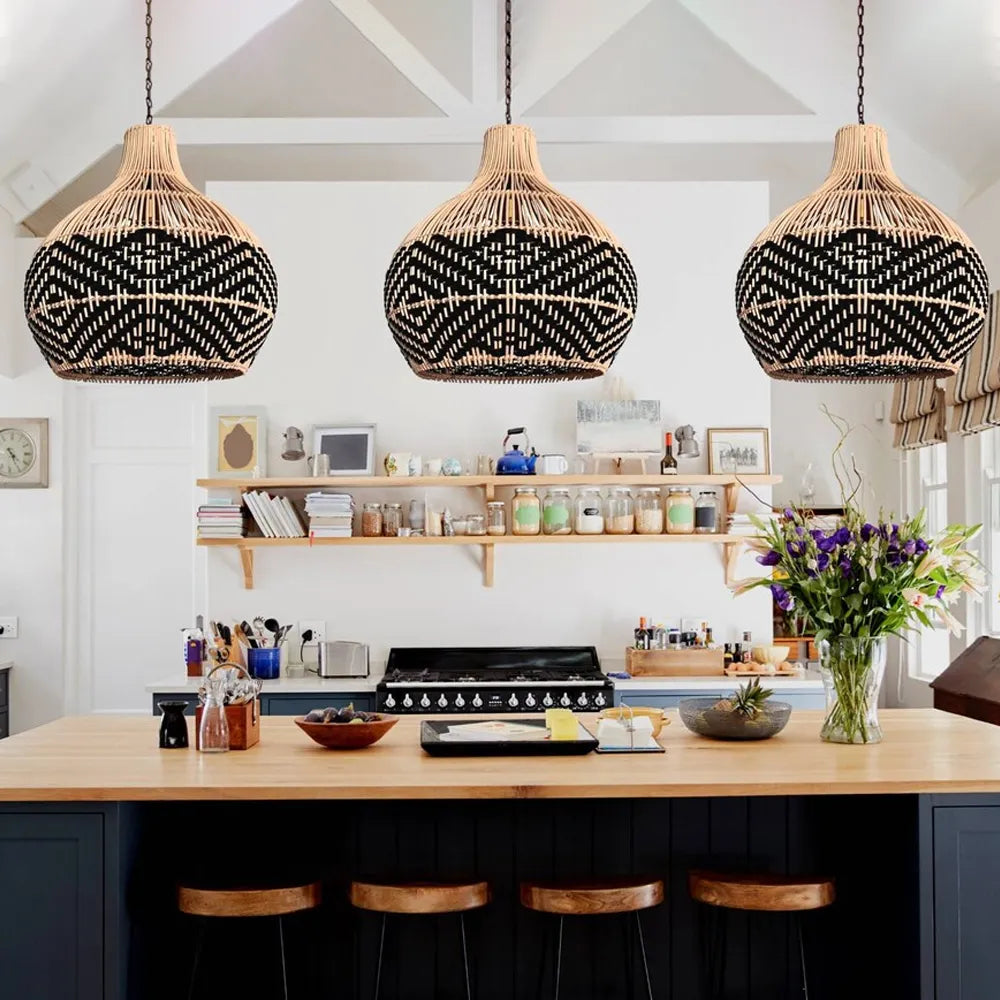 Florida Black Rattan Wicker Pendant Light For Kitchen Island