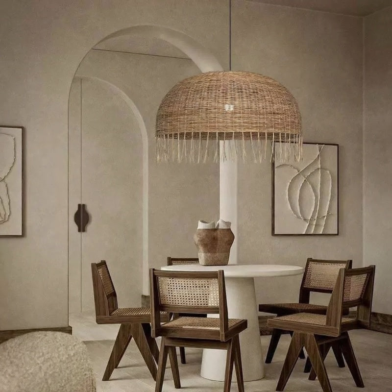Frayed Rattan Wicker Dome Pendant Light