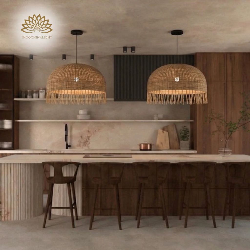 Frayed Rattan Wicker Dome Pendant Light