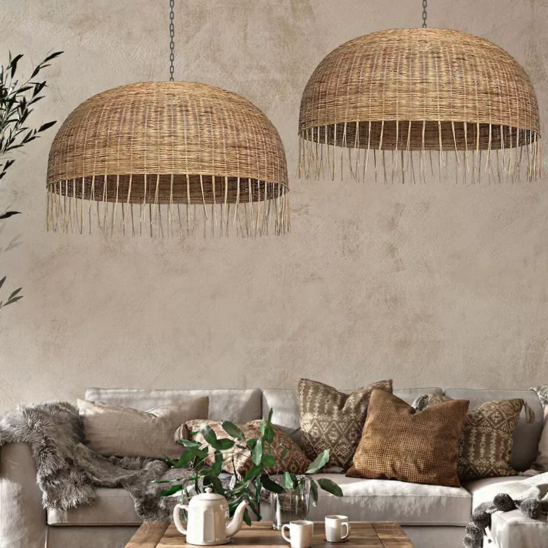 Frayed Rattan Wicker Dome Pendant Light