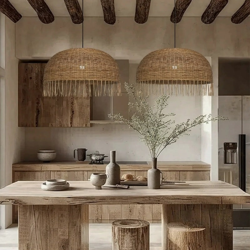 Frayed Rattan Wicker Dome Pendant Light