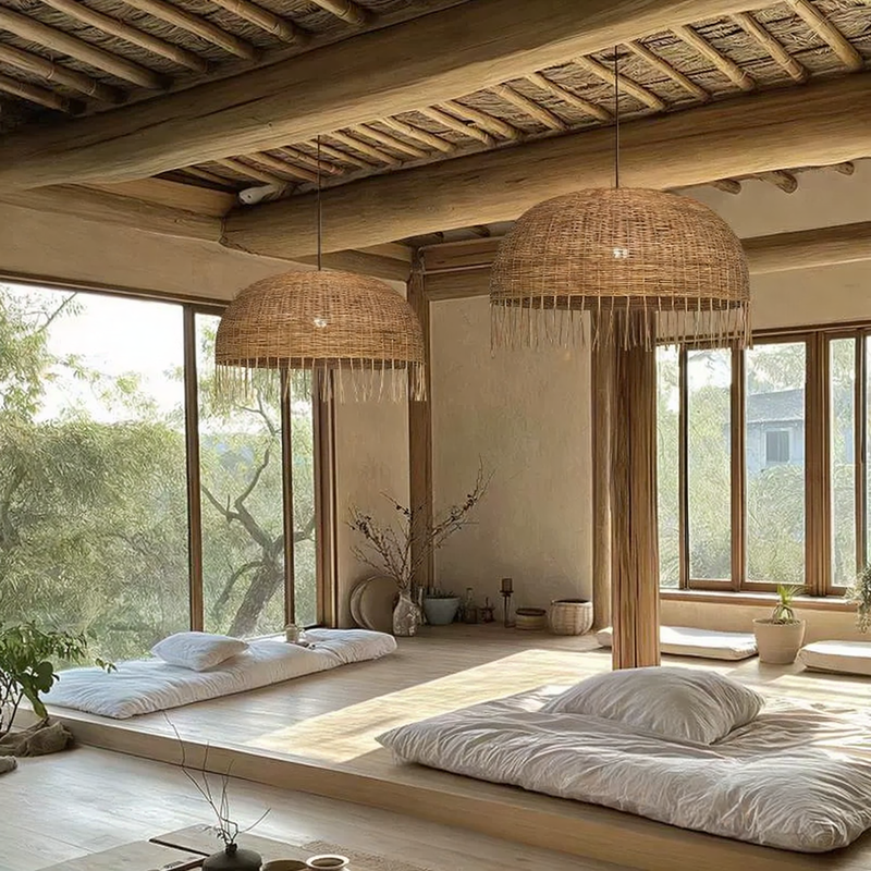 Frayed Rattan Wicker Dome Pendant Light