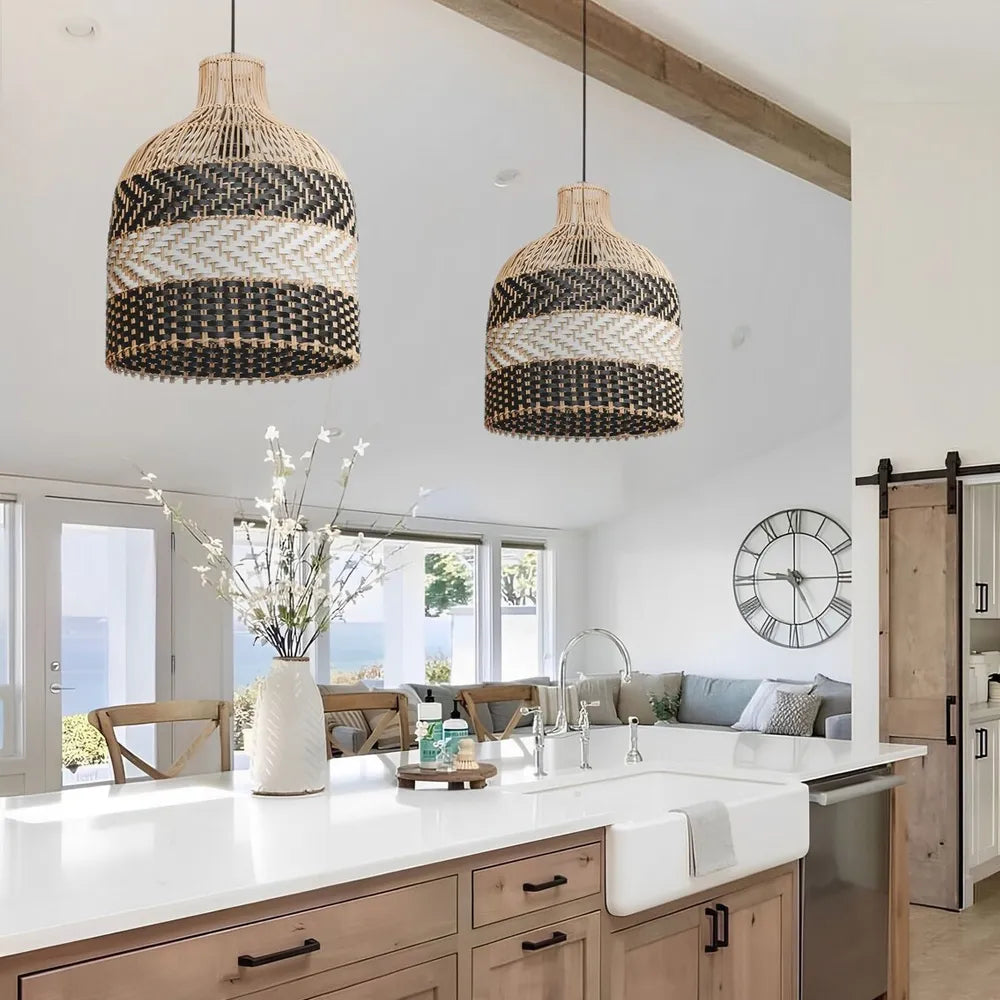Littleglovo Small Basket Rattan and Black Wicker Pendant Light For Kitchen Island