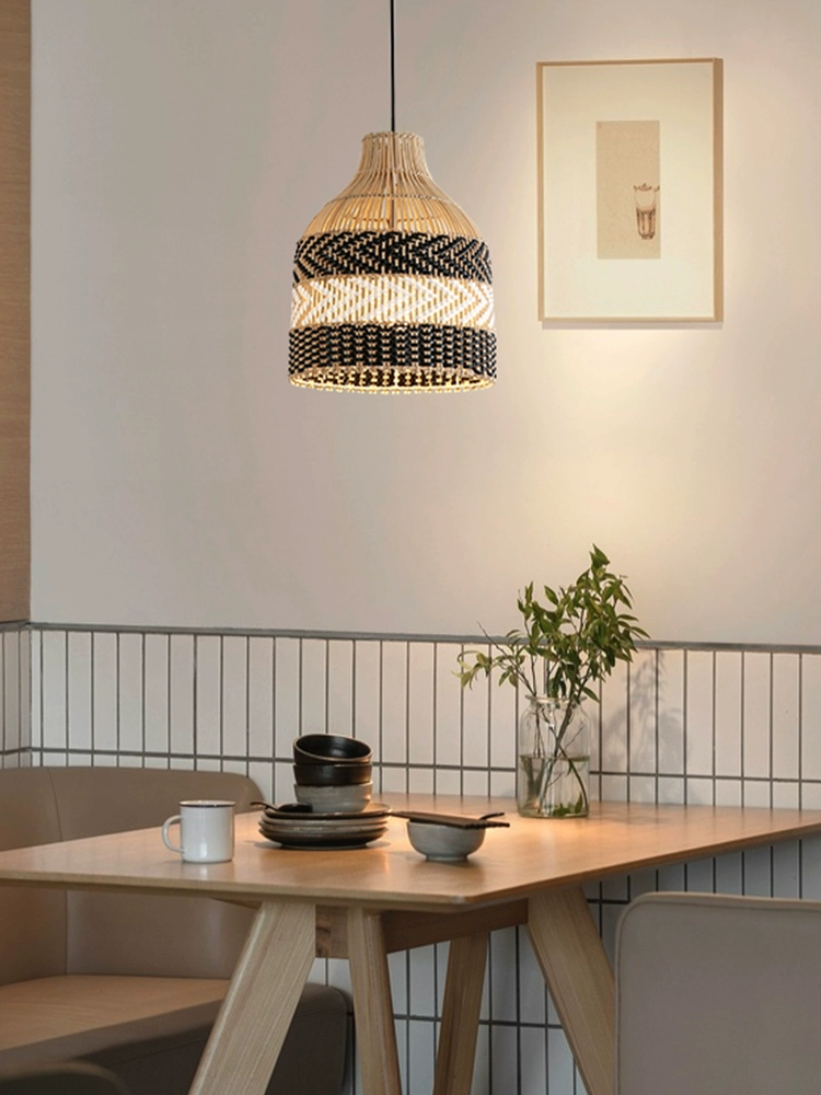 Littleglovo Small Basket Rattan and Black Wicker Pendant Light For Kitchen Island