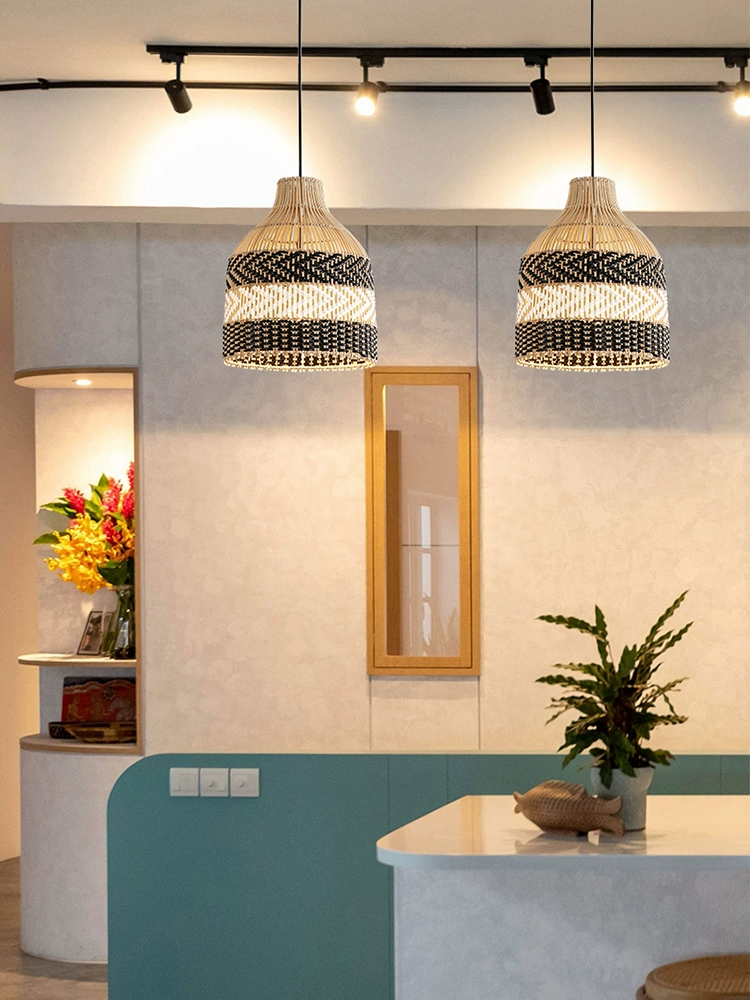 Littleglovo Small Basket Rattan and Black Wicker Pendant Light For Kitchen Island
