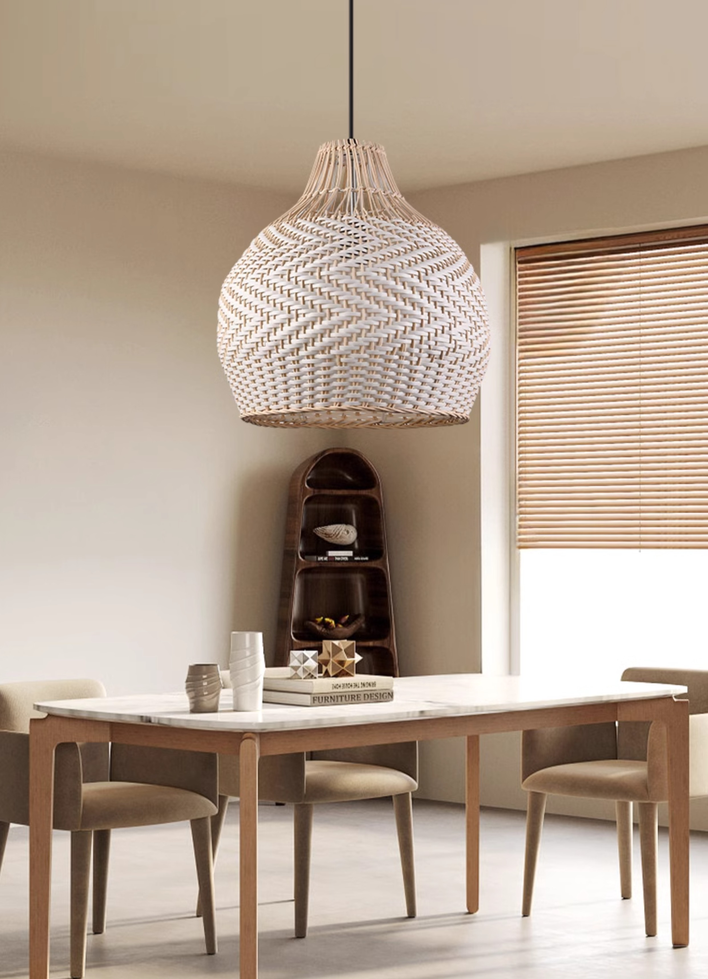 Merock White Rattan Dome Wicker Pendant Light