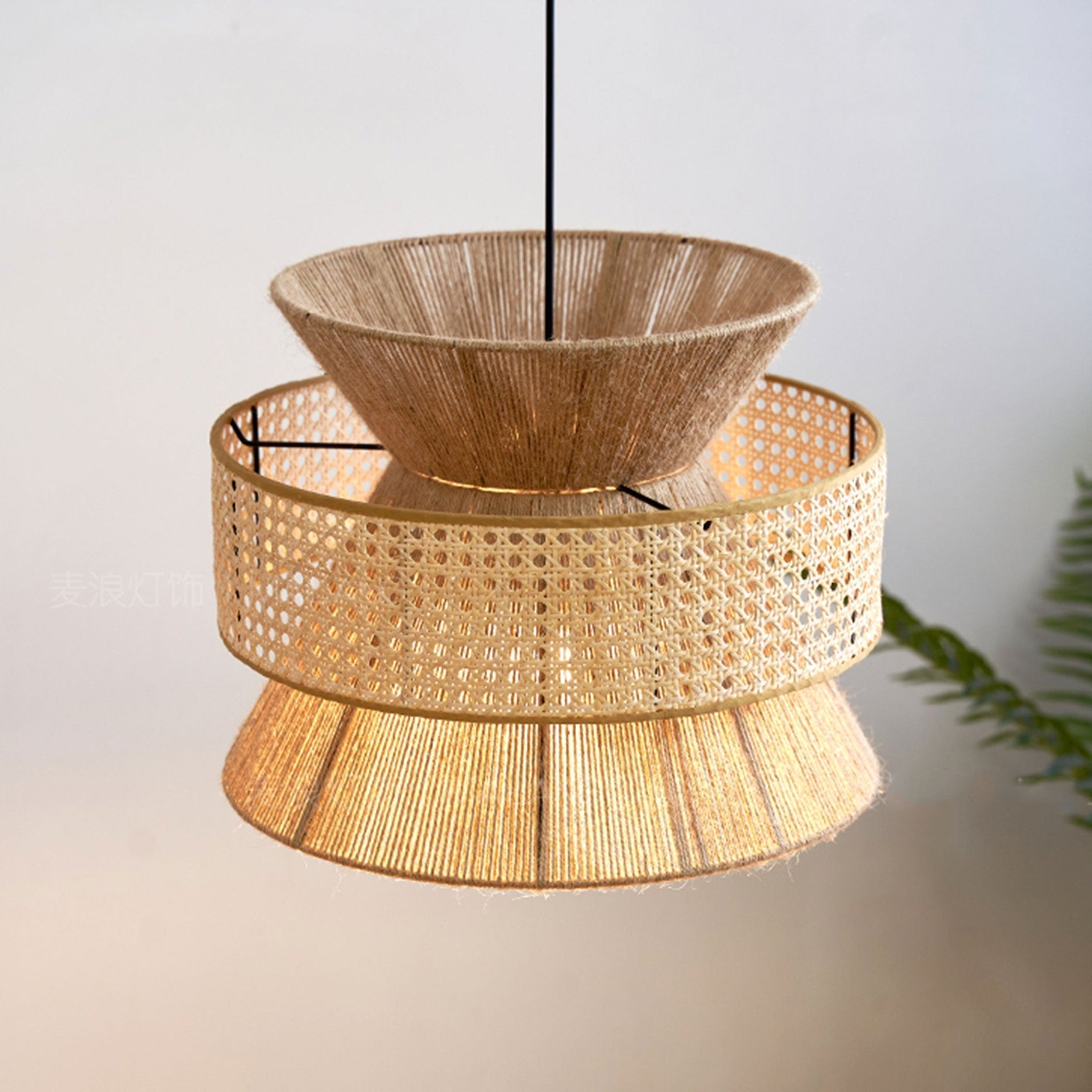 Nimes Wabi Sabi Rattan Drum Pendant - Hemp Rope Hourglass Inner