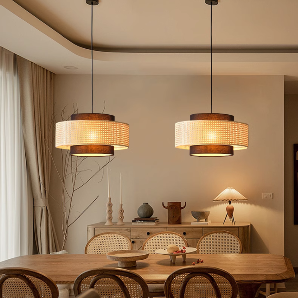 Nivara Black and Rattan Drum Pendant Light