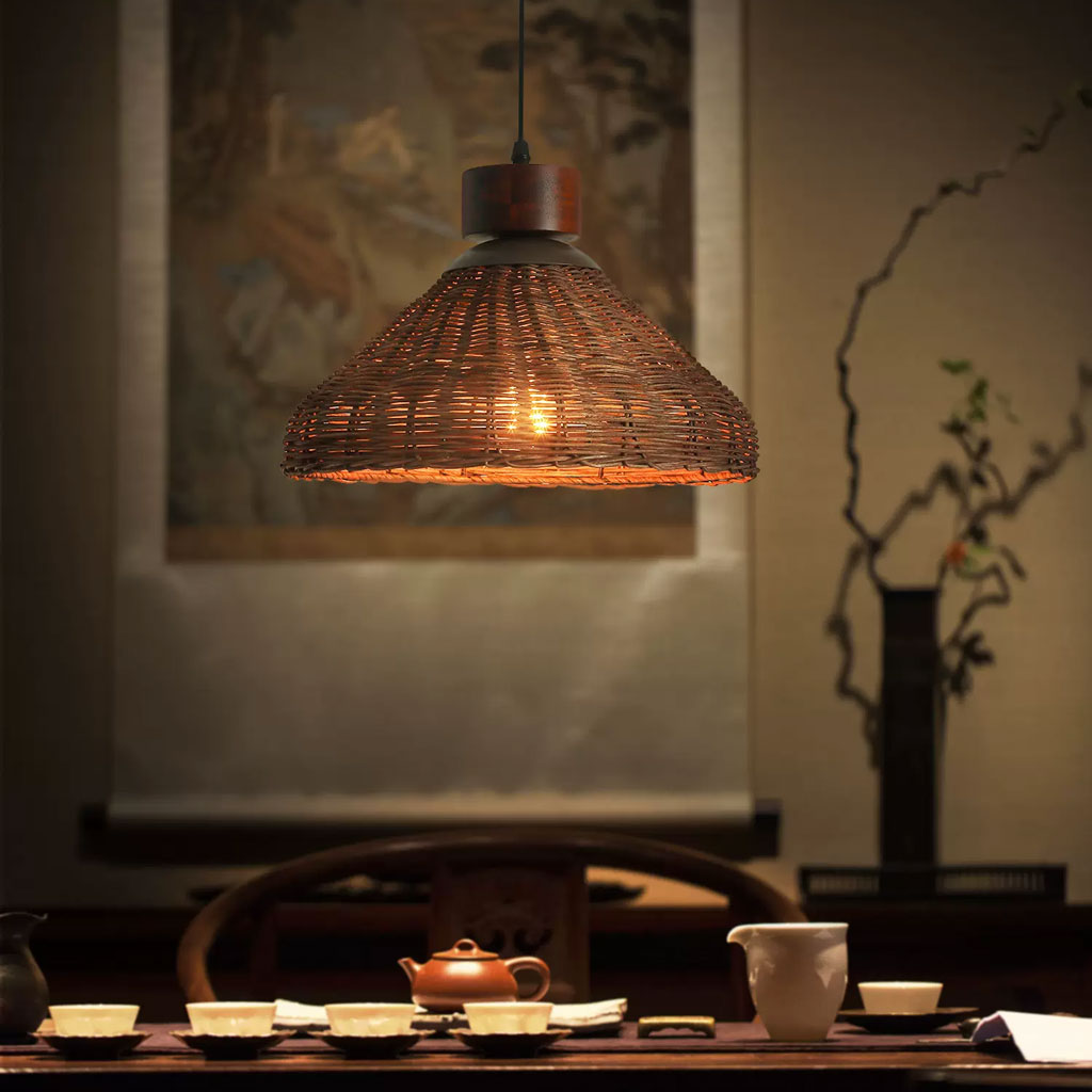 Hakka Conical Dark Brown Rattan Pendant Light - Small Basket Weave