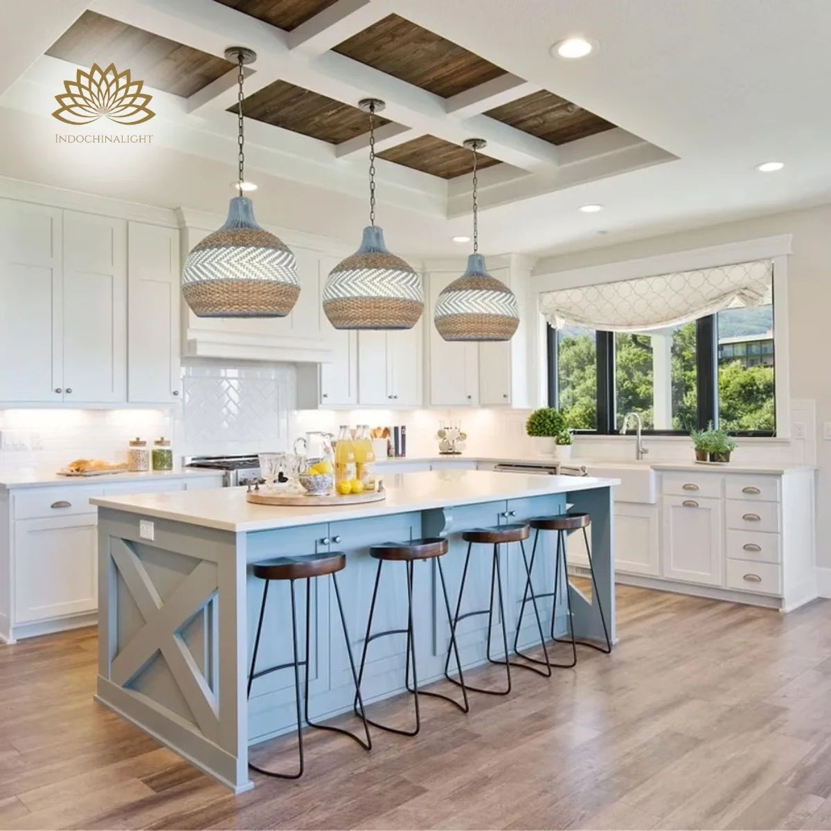 Courtland Blue Rattan Pendant Light