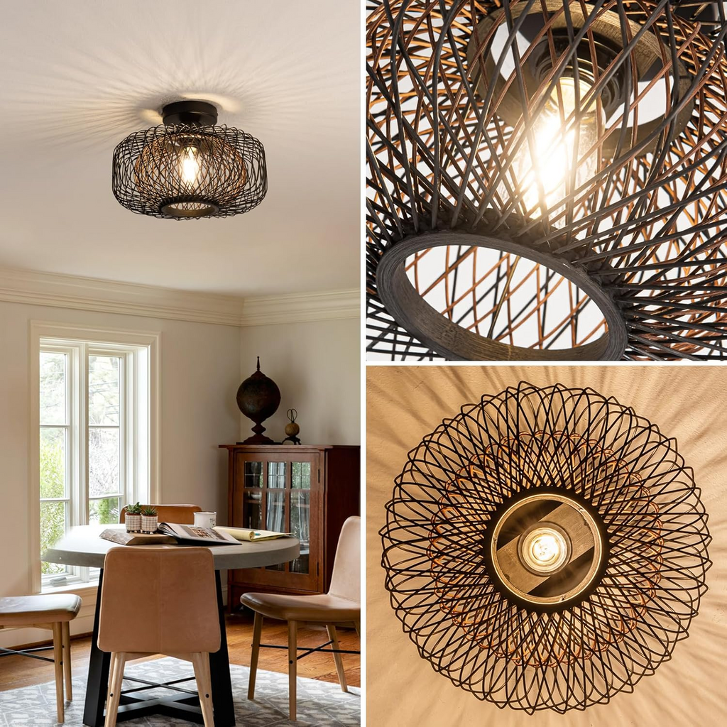 Tbaoinla Black Rattan Ceiling Light 16 Inches