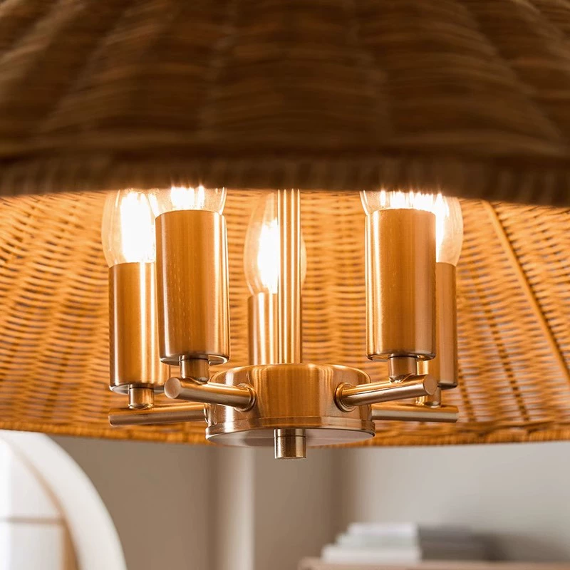 Timor Rattan Drum Wicker Pendant Light - Gold Socket 5 Bulbs