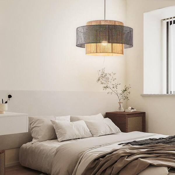 Triela Black and Rattan Drum Pendant Light