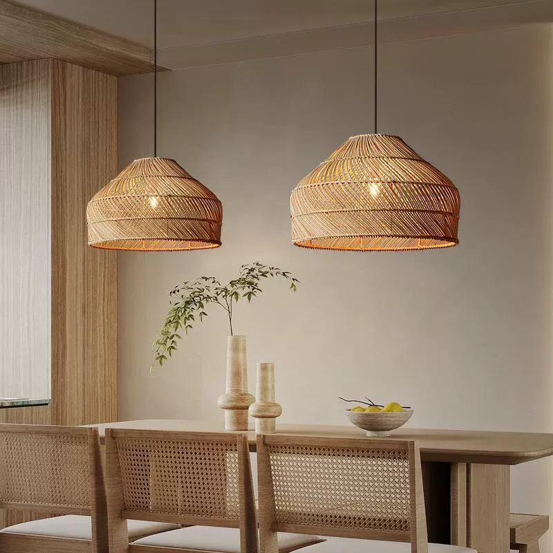 Cocoa Dome Rattan Pendant Light Over Farmhouse Kitchen Island