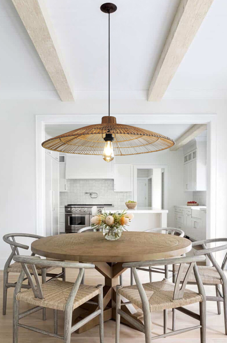 Umbrella Rattan Flat Round Pendant Light