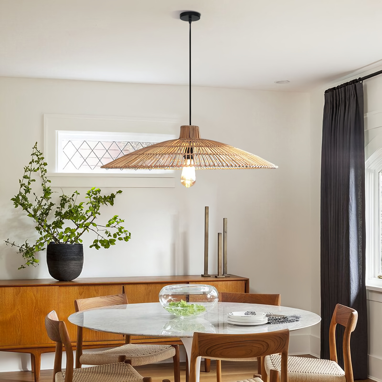 Umbrella Rattan Flat Round Pendant Light