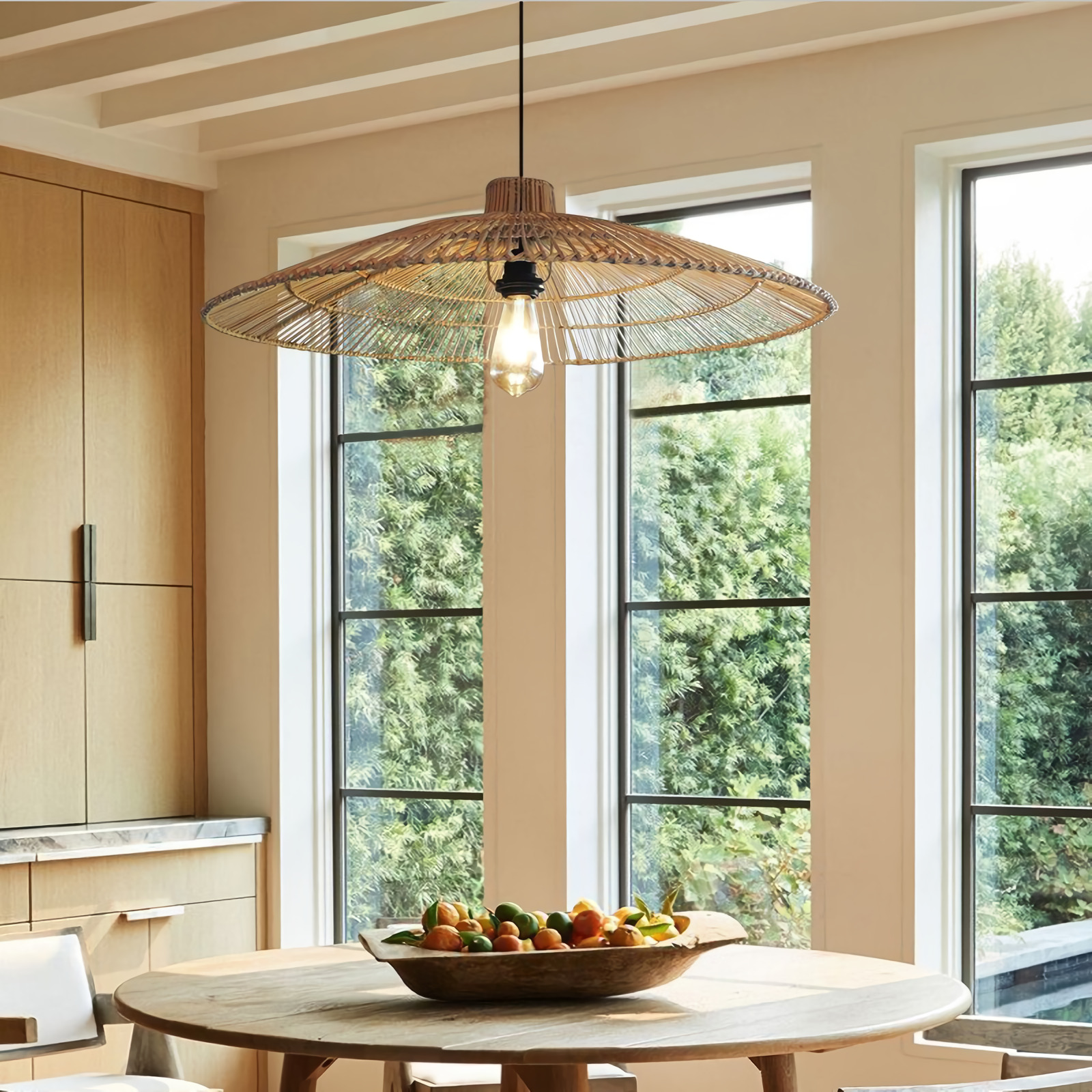 Umbrella Rattan Flat Round Pendant Light